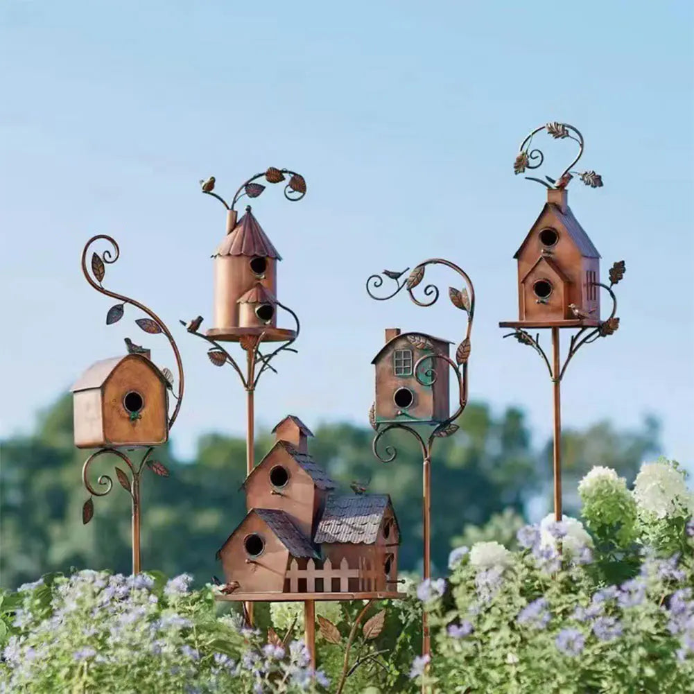 Decorative weatherproof birdhouse with stake for stylish garden design