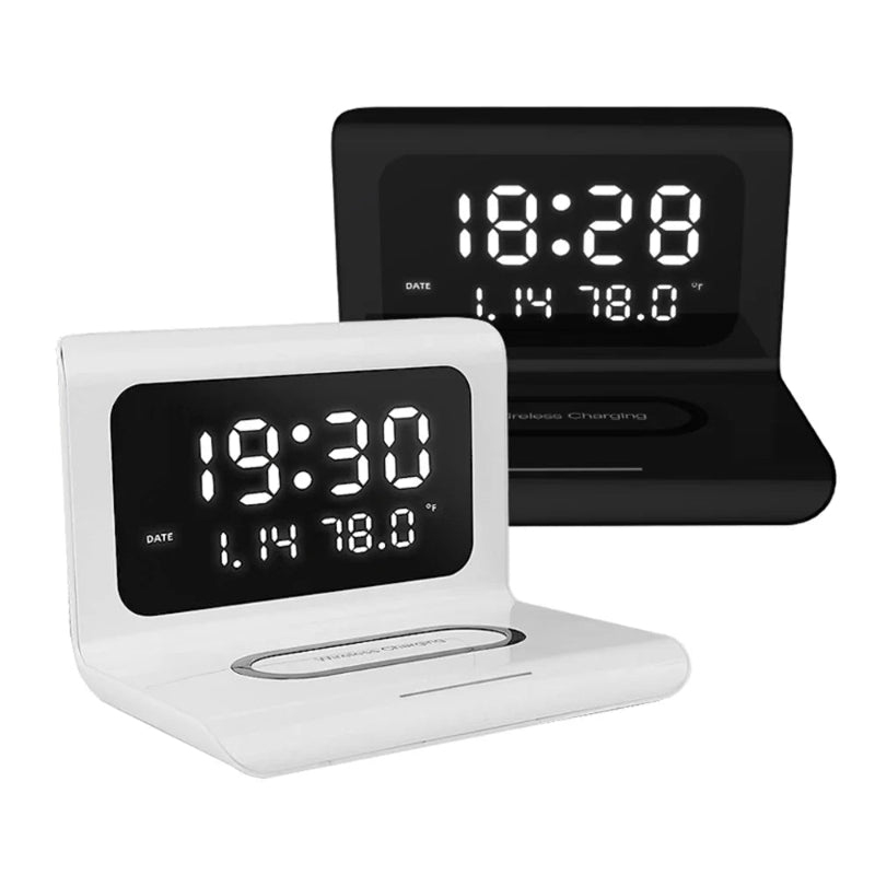Wireless charging station with clock &amp; alarm – compact &amp; fast charging capability