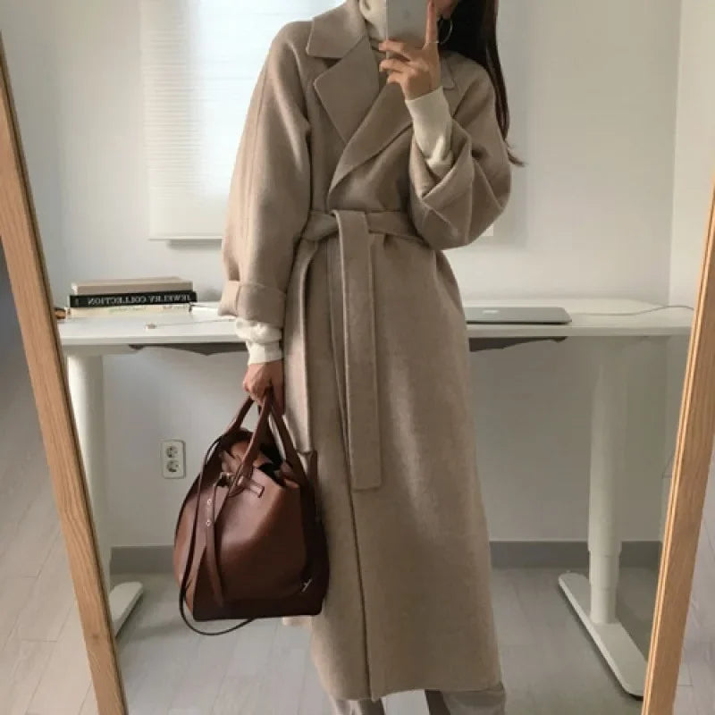 Women's Long Winter Coat with Belt and Wide Sleeves