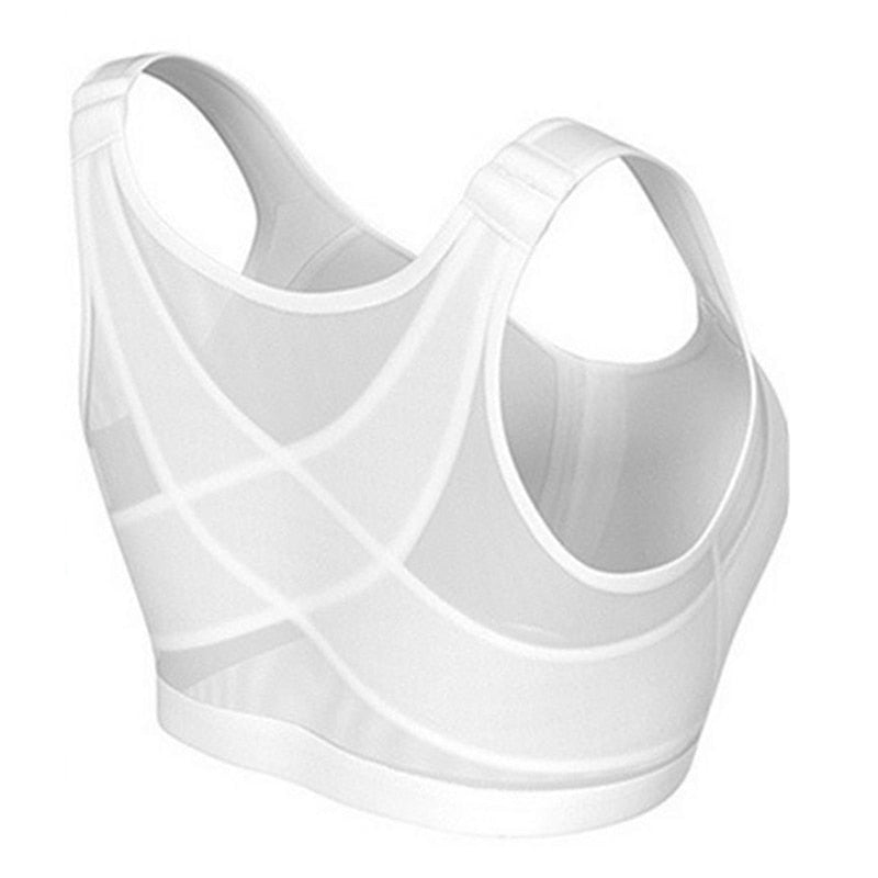 Back-supporting bra with front closure and shaping cups 