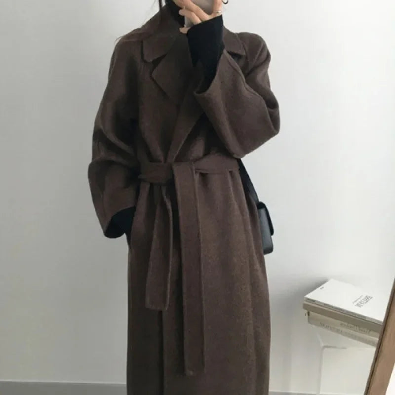 Women's Long Winter Coat with Belt and Wide Sleeves