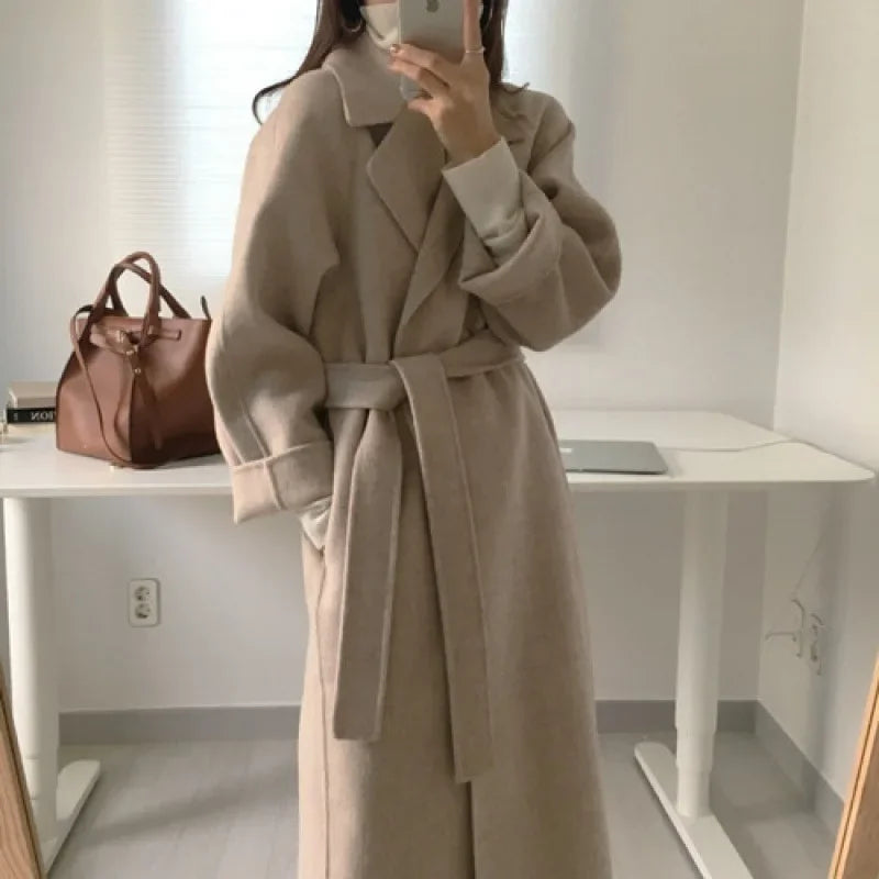 Women's Long Winter Coat with Belt and Wide Sleeves