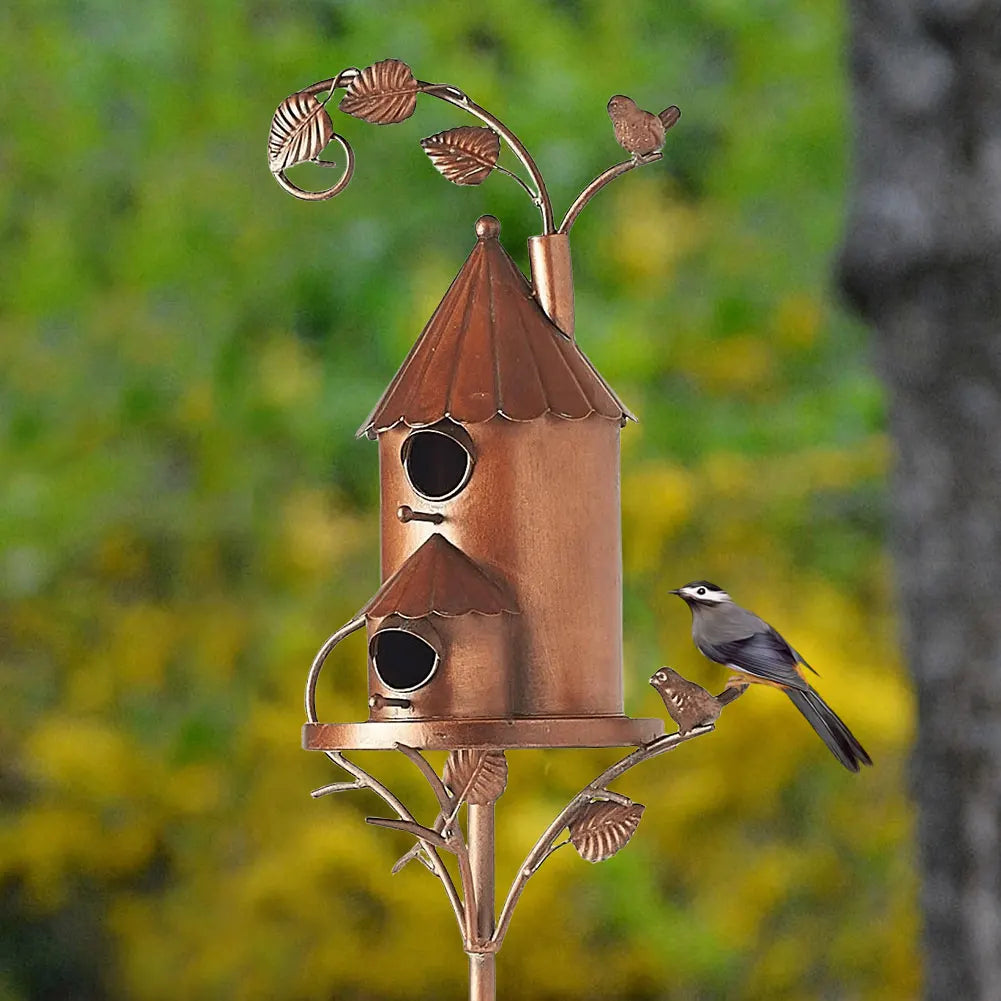 Decorative weatherproof birdhouse with stake for stylish garden design