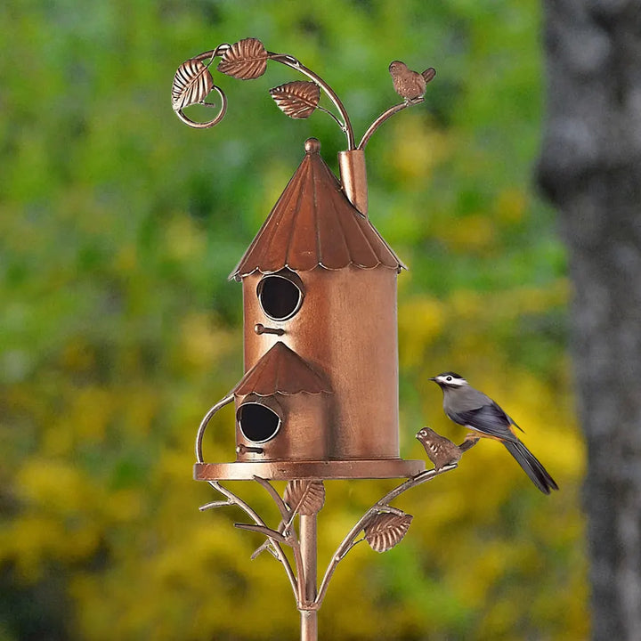 Decorative weatherproof birdhouse with stake for stylish garden design