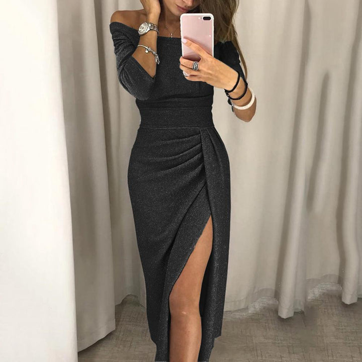 Women's evening dress with off-the-shoulder design and slit 