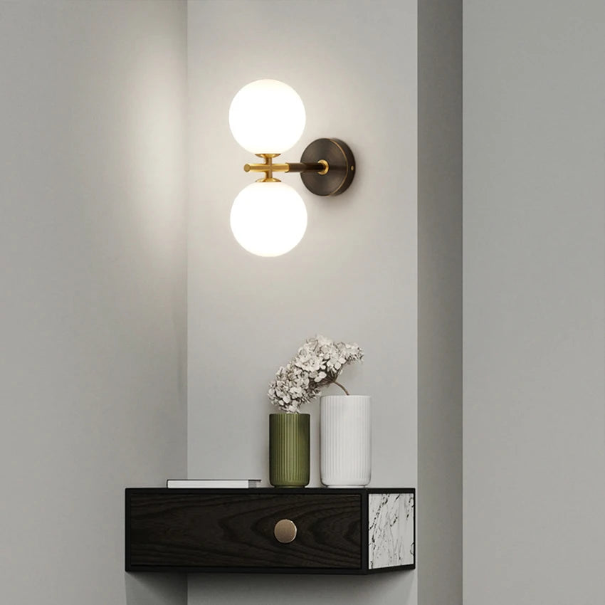 Wall light with spherical glass and brass elements for living room &amp; bedroom