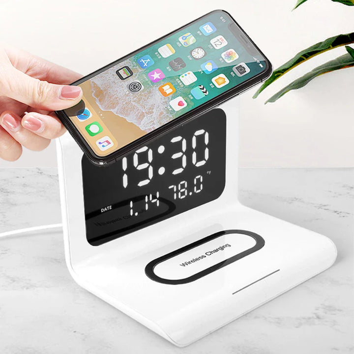 Wireless charging station with clock &amp; alarm – compact &amp; fast charging capability