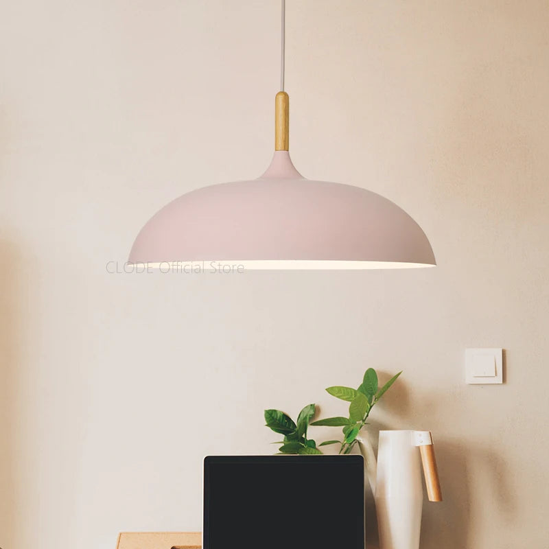 Scandinavian pendant lamp in pastel colors with wooden details