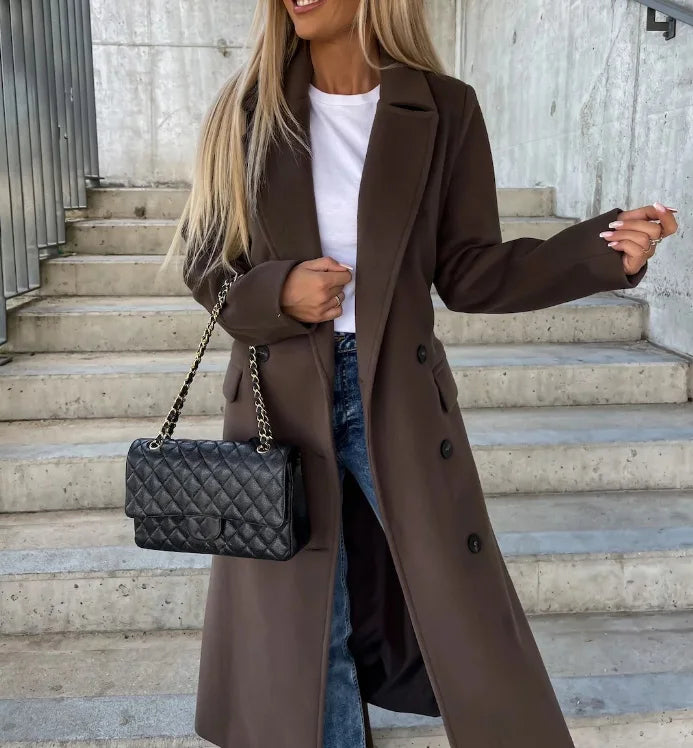 Women's Winter Coat with Double Breasted Front and Waist Belt