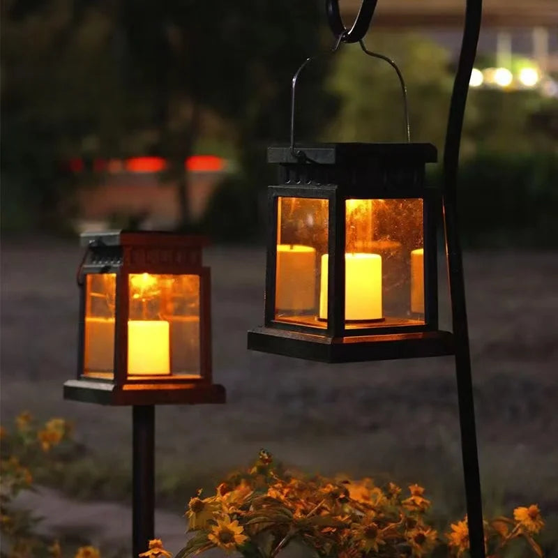 Solar-powered retro garden lantern with LED candle light for atmospheric nights
