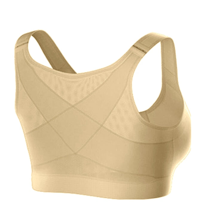 Back-supporting bra with front closure and shaping cups 