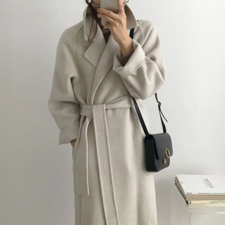 Women's Long Winter Coat with Belt and Wide Sleeves