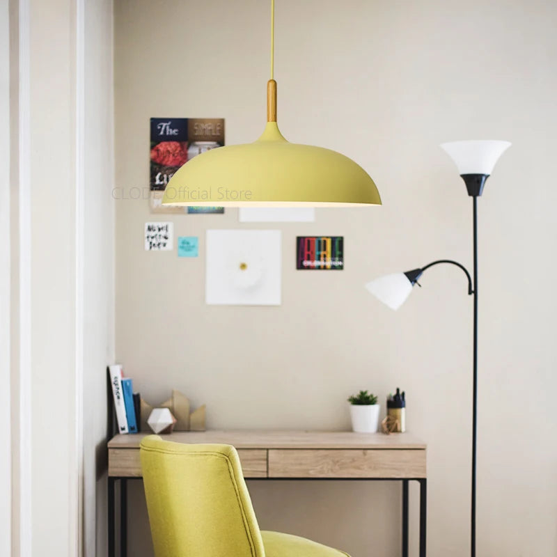 Scandinavian pendant lamp in pastel colors with wooden details