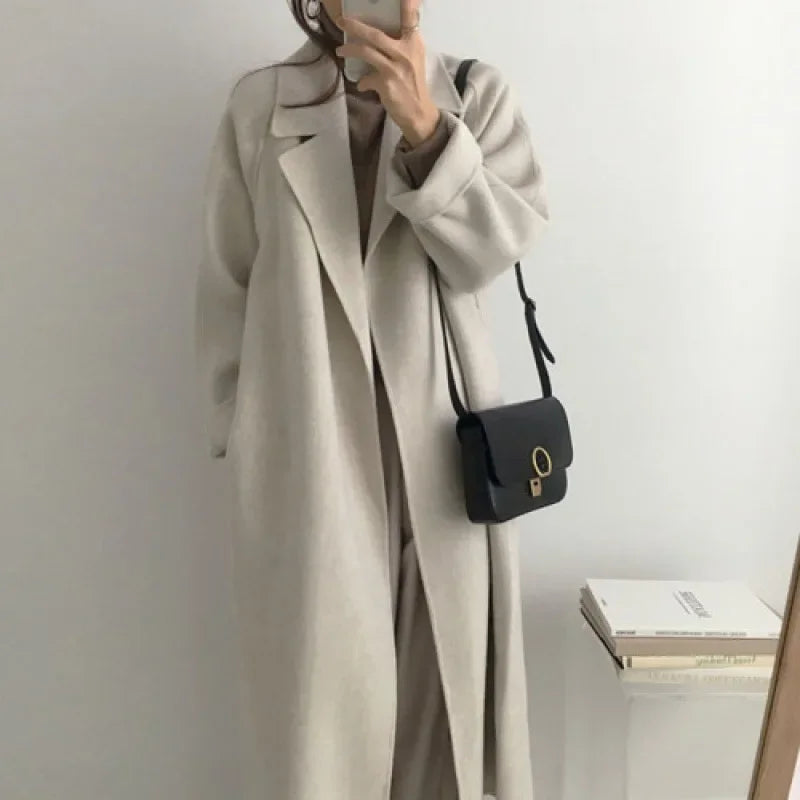 Women's Long Winter Coat with Belt and Wide Sleeves