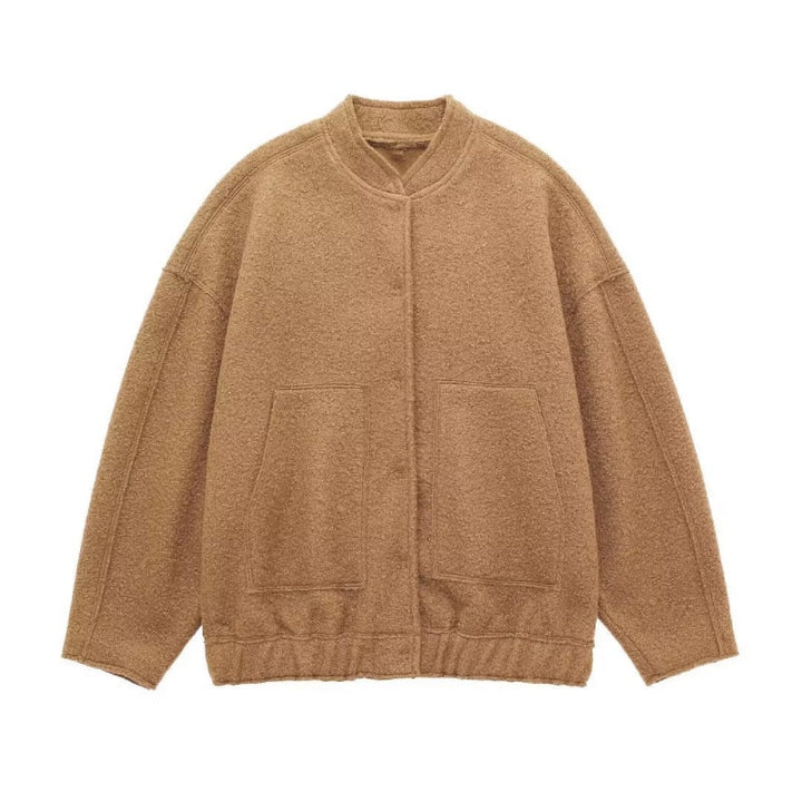 Women's Oversized Coat with Round Neckline and Concealed Button Placket