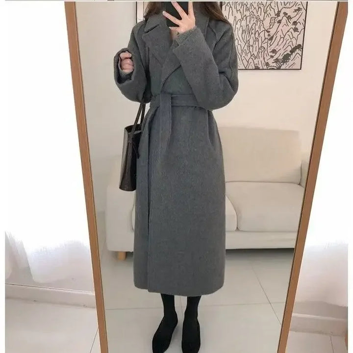 Women's Long Winter Coat with Belt and Wide Sleeves
