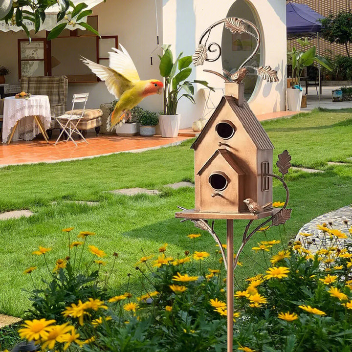 Decorative weatherproof birdhouse with stake for stylish garden design
