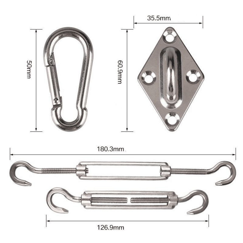 Stainless steel mounting kit for sun sails with hooks &amp; carabiners