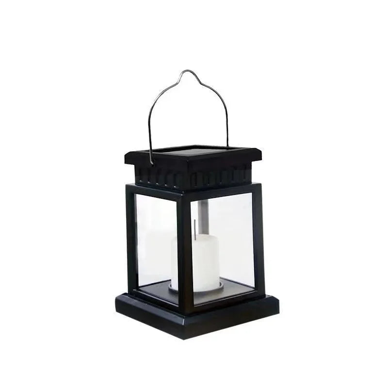 Solar-powered retro garden lantern with LED candle light for atmospheric nights