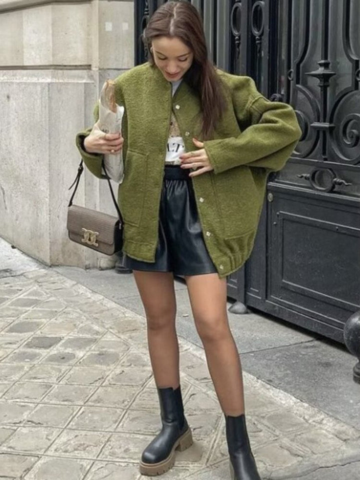 Women's Oversized Coat with Round Neckline and Concealed Button Placket