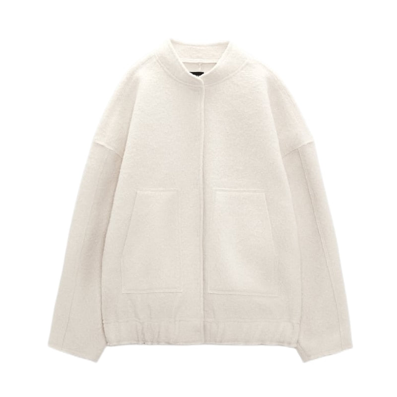 Women's Oversized Coat with Round Neckline and Concealed Button Placket