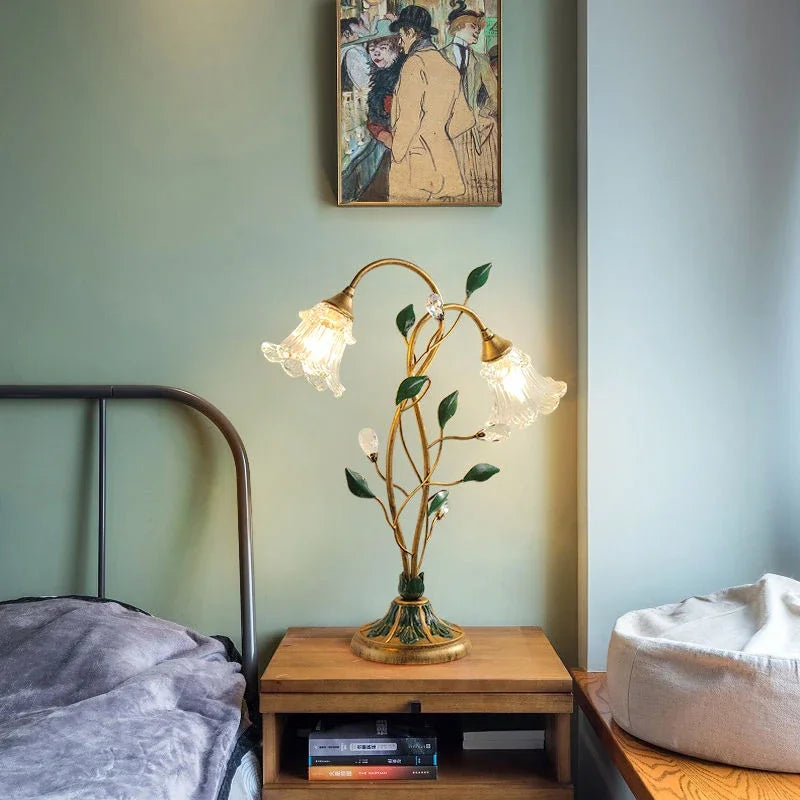 French vintage table lamp with floral design made of glass and crystal