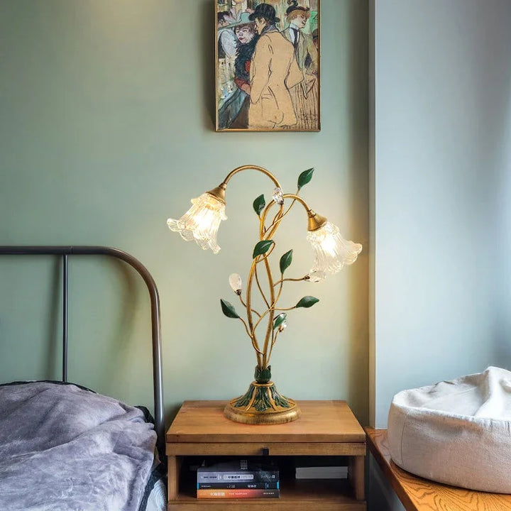 French vintage table lamp with floral design made of glass and crystal