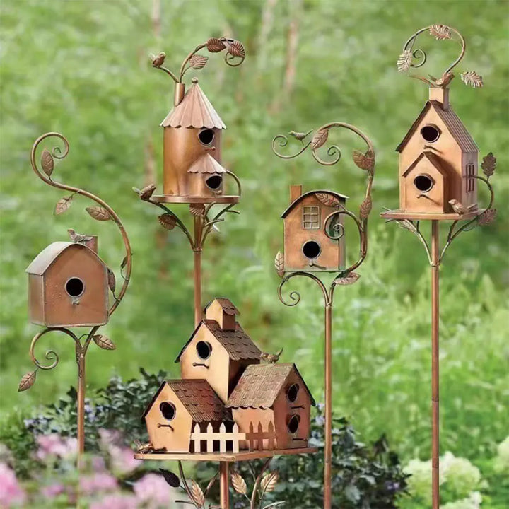Decorative weatherproof birdhouse with stake for stylish garden design