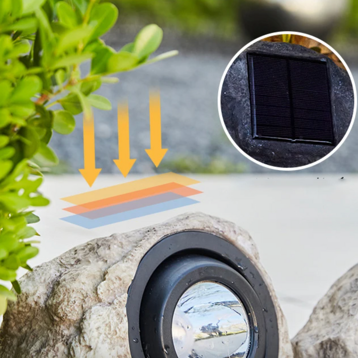 Solar-powered LED path light in natural stone design