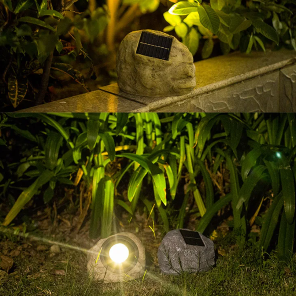 Solar-powered LED path light in natural stone design