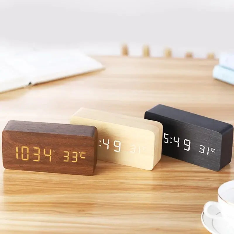 Digital wooden alarm clock with LED display