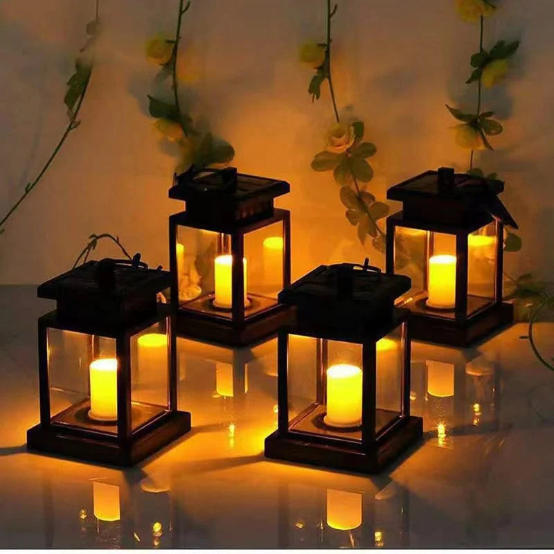 Solar-powered retro garden lantern with LED candle light for atmospheric nights