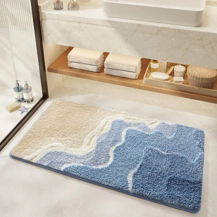 Bathroom mat with coastal motif – Non-slip microfiber mat with footprint design