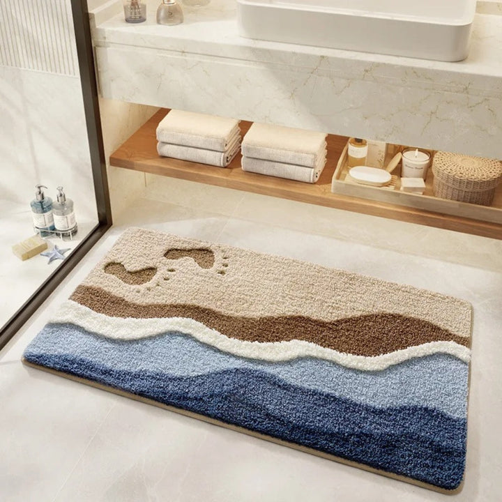Bathroom mat with coastal motif – Non-slip microfiber mat with footprint design