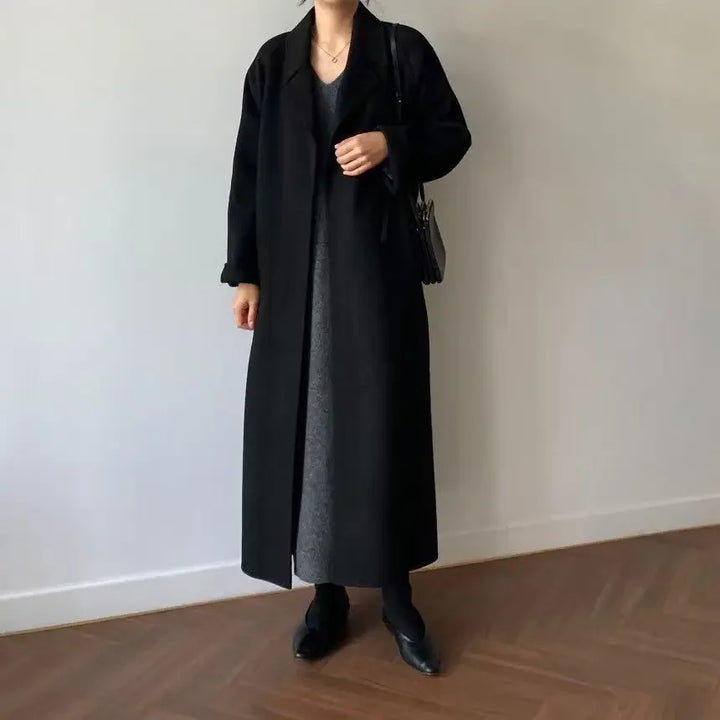 Women's Long Winter Coat with Belt and Wide Sleeves