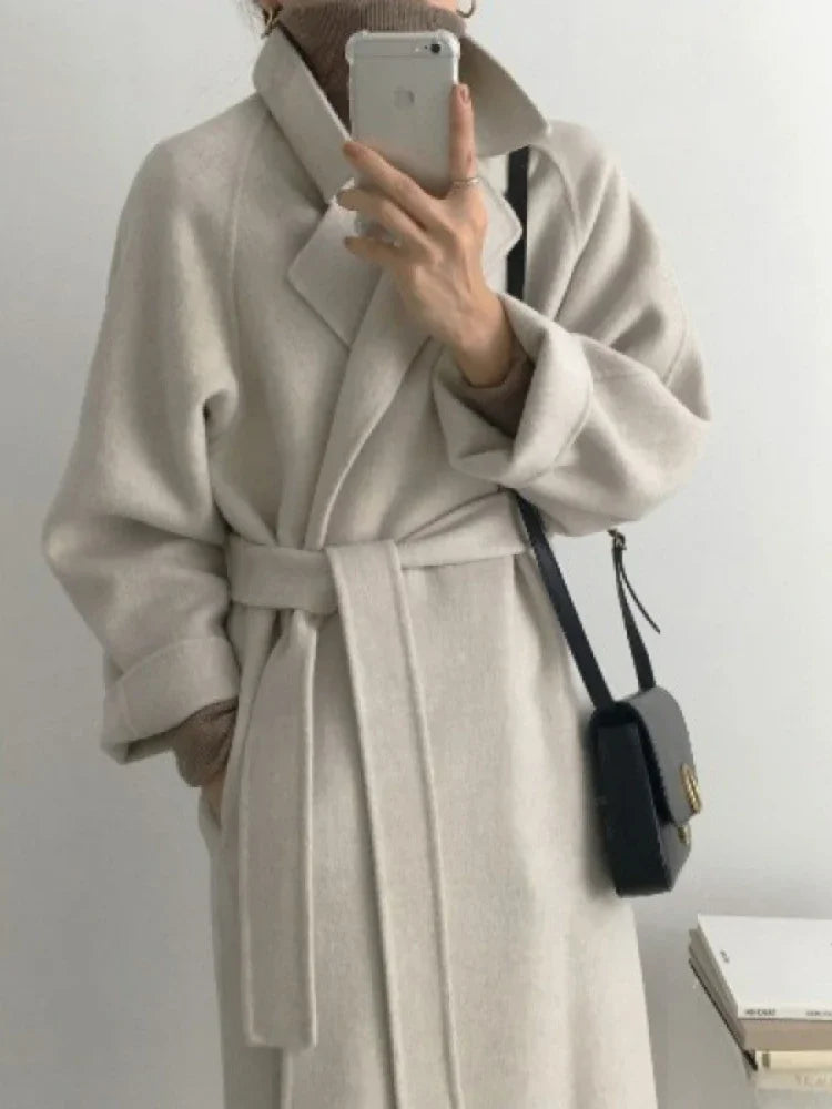 Women's Long Winter Coat with Belt and Wide Sleeves