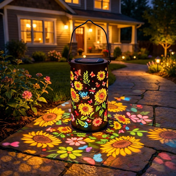 Solar Gartenlaterne aus Metall mit warmem Licht und projiziertem Blütendesign
