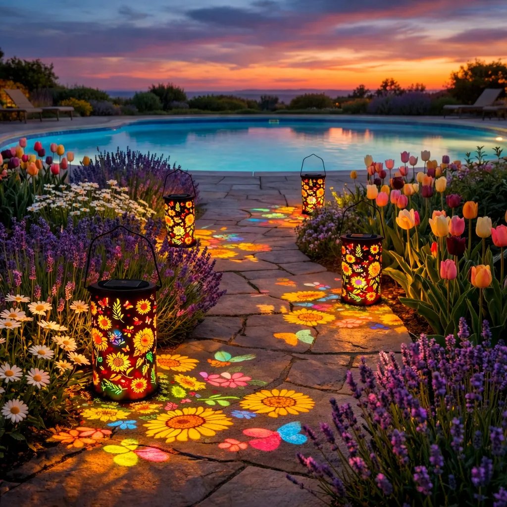 Solarleuchte als Gartenlaterne mit Lichtprojektion auf Boden und Umgebung