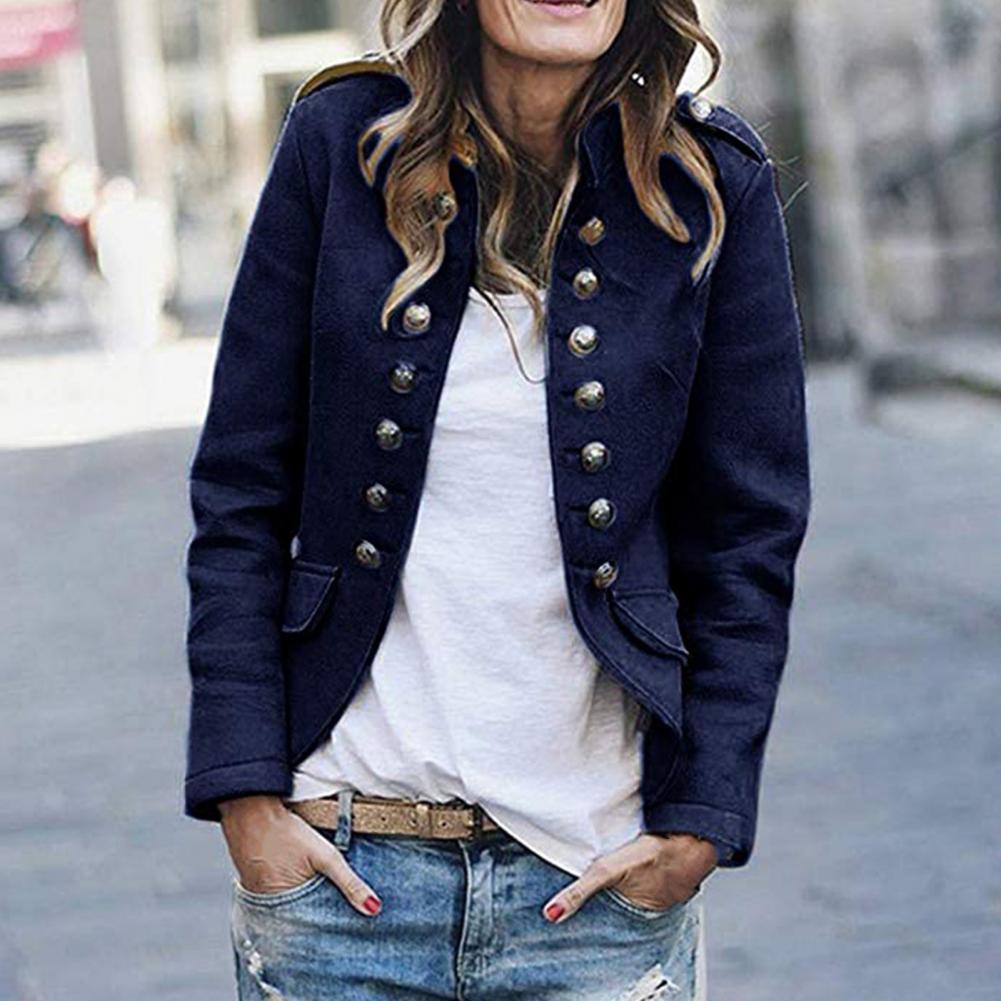 Women's Double-Breasted Military Jacket with High Collar 