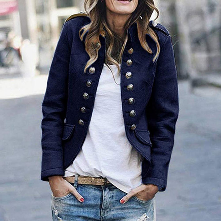 Women's Double-Breasted Military Jacket with High Collar 