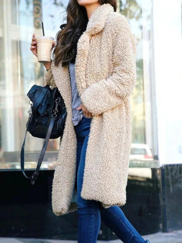 Women's oversize teddy coat, long with lapel collar 