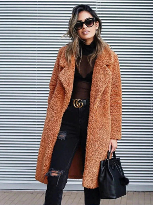 Women's oversize teddy coat, long with lapel collar 