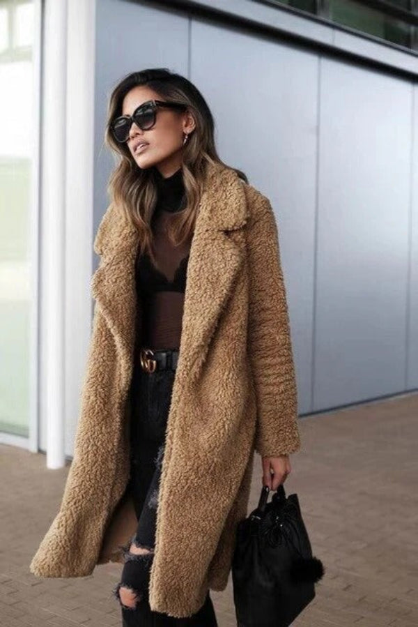 Women's oversize teddy coat, long with lapel collar 