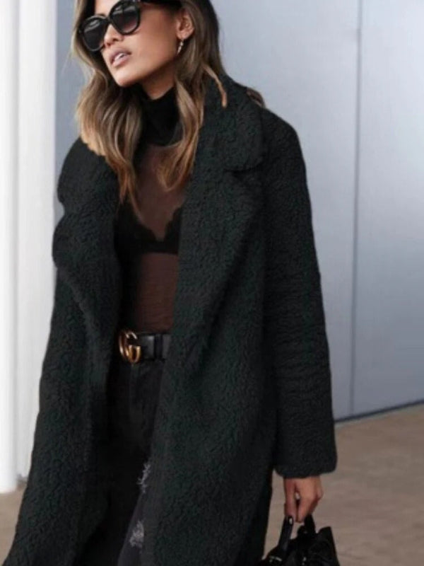 Women's oversize teddy coat, long with lapel collar 