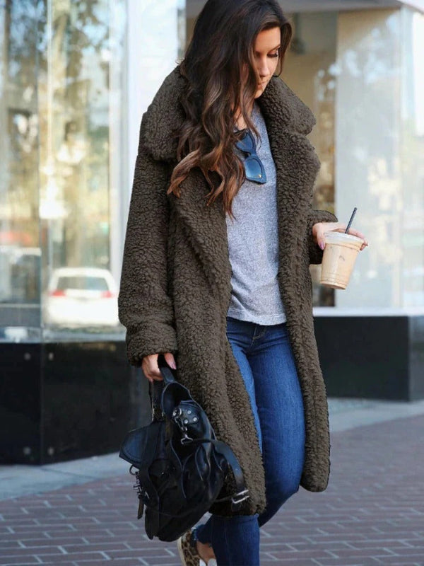 Women's oversize teddy coat, long with lapel collar 