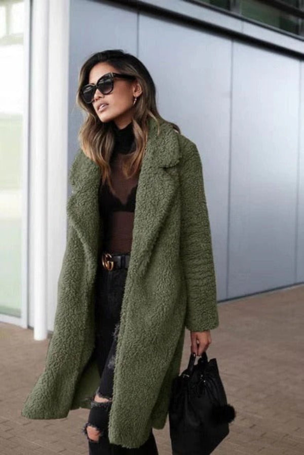 Women's oversize teddy coat, long with lapel collar 
