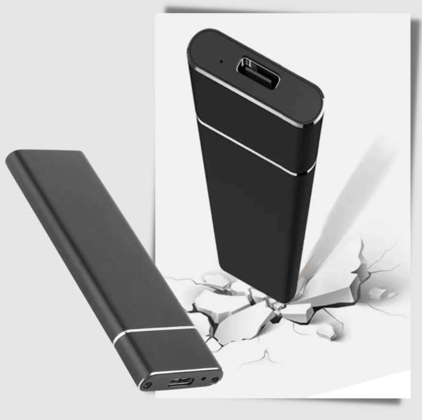 Tragbare externe SSD mit robustem Aluminiumgehäuse auf weißem Hintergrund