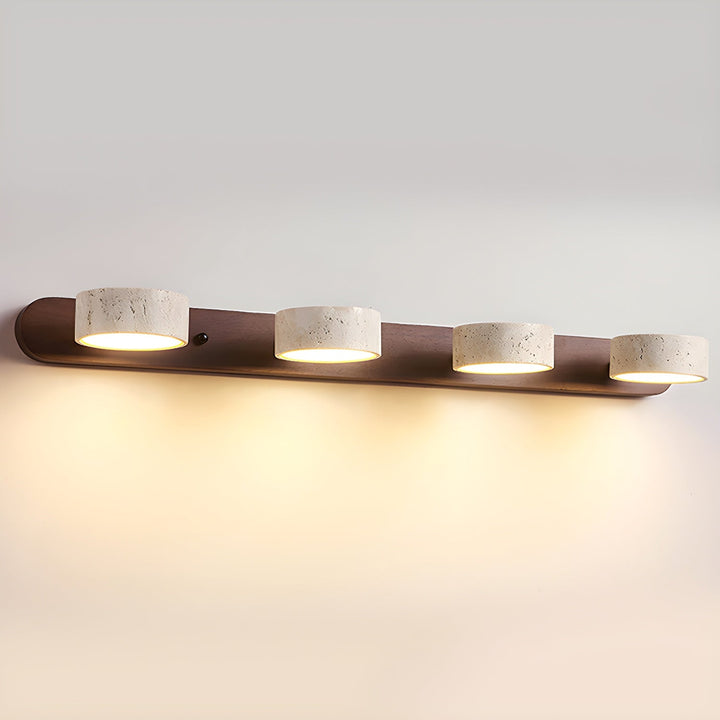 Modern wall lamp with travertine and wood in a duo design