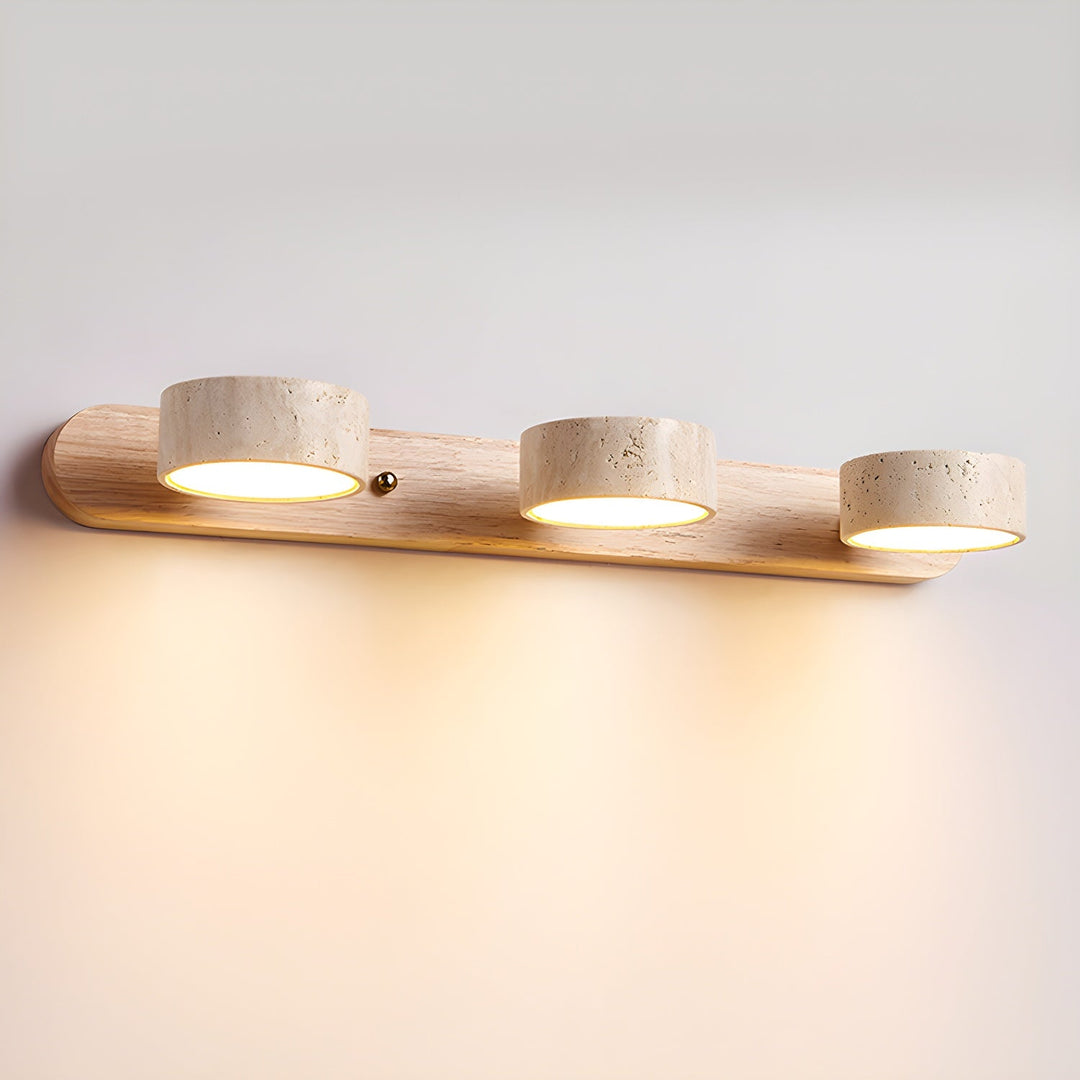 Modern wall lamp with travertine and wood in a minimalist duo design