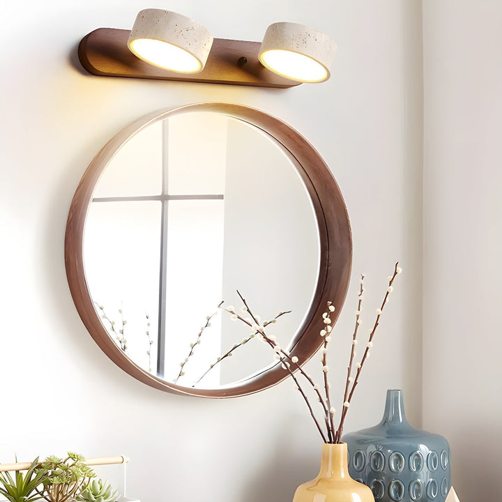 Modern wall lamp with travertine and wood in a duo design